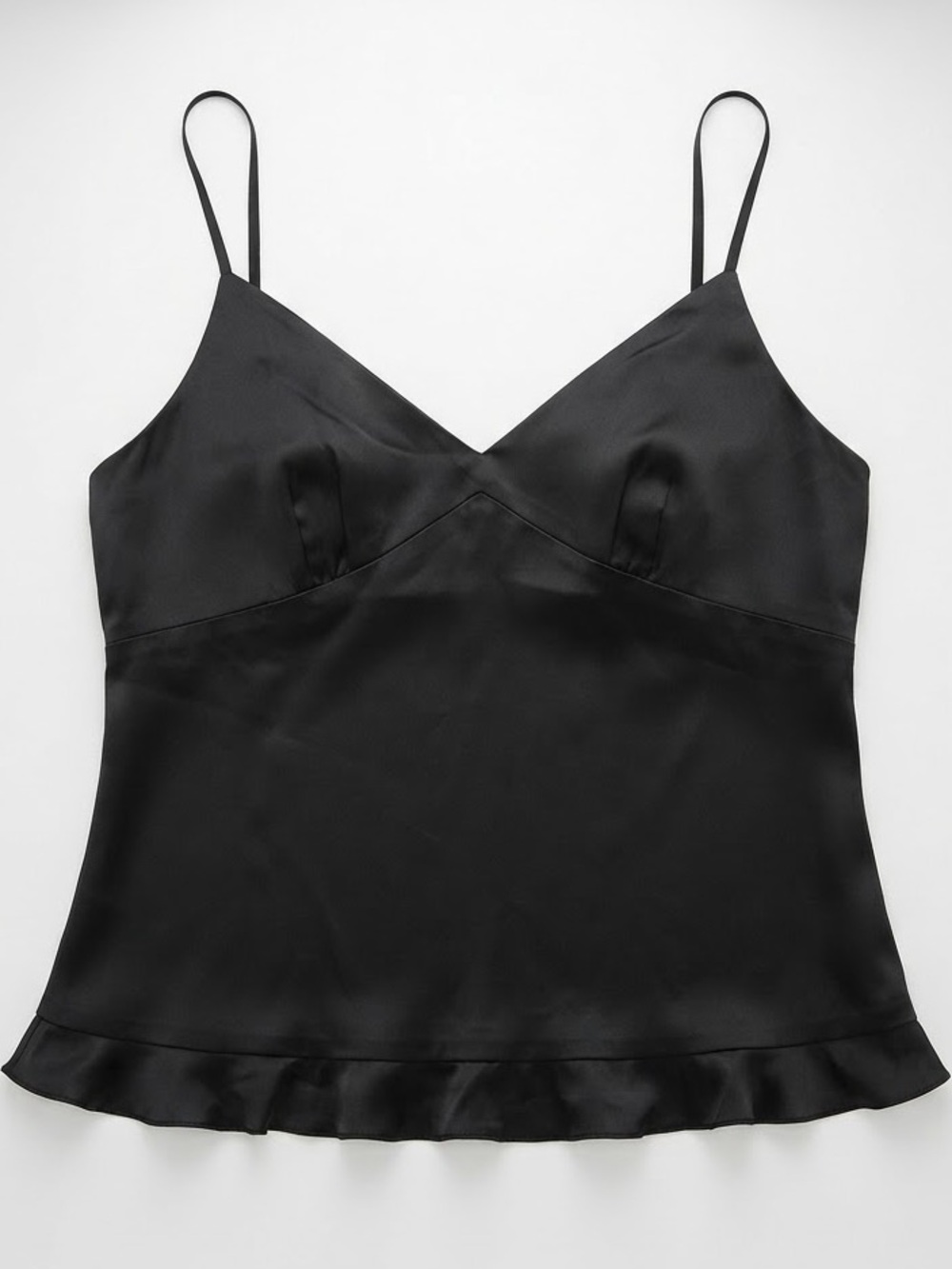 EXPRESS Satin V-Neck Black Camisole with Ruffle Hem XS